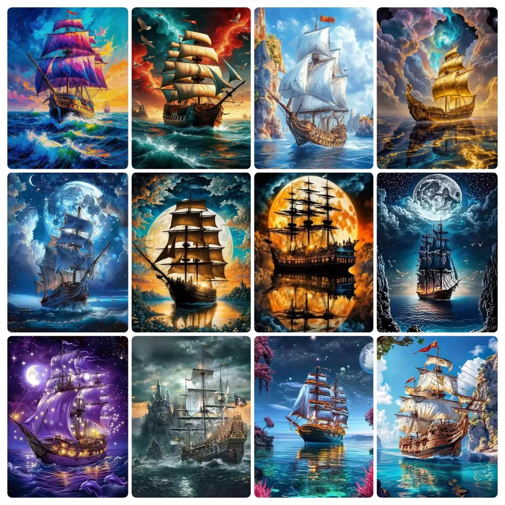 Resin Art Work - Diamond Painting Sailboat Landscape Mosaic Handmade