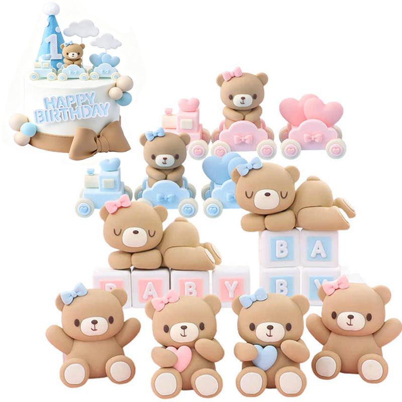 3D Pink Blue Bear Cake Topper  - Resin Art Baby ulasan dan harga